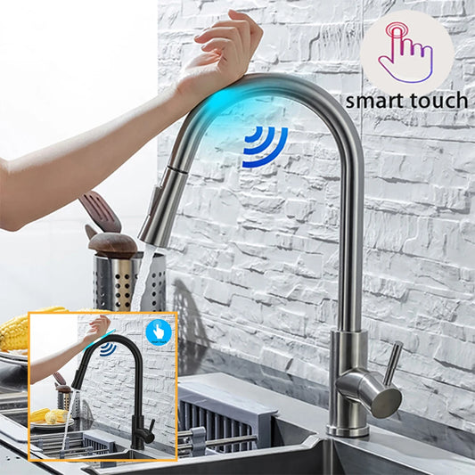 Smart Touch & Sensor Kitchen Faucet | Pull-Out Brushed Nickel